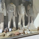 Shop window decorated with bunnies and matching spring collection....