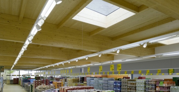 Skylights in the roof reduce power requirements for lighting....