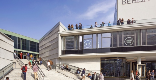 View of the large staircase, which leads to the roof terrace between the cinema...