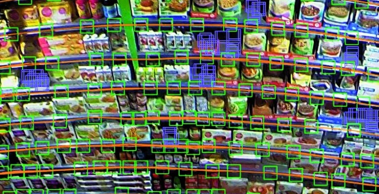 Photo: Shelf in the supermarket with virtual colored markings; copyright:...