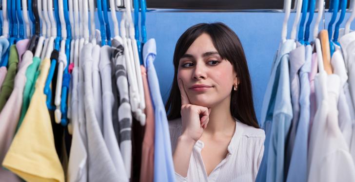 Woman looks through clothes on clothes racks; copyright:...