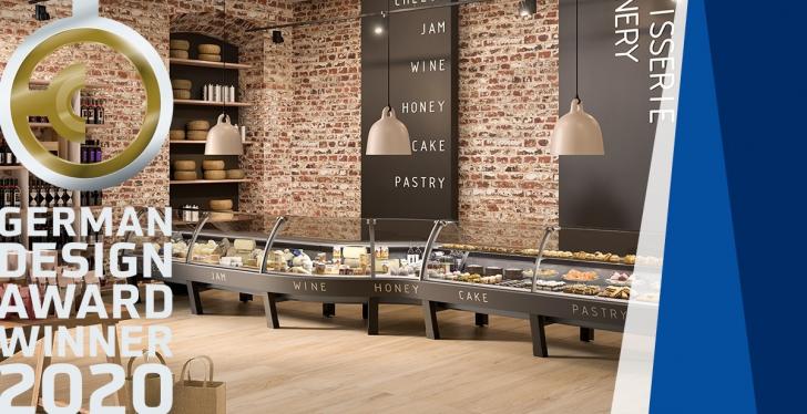 German Design award banner with the picture of a food counter with cheese...