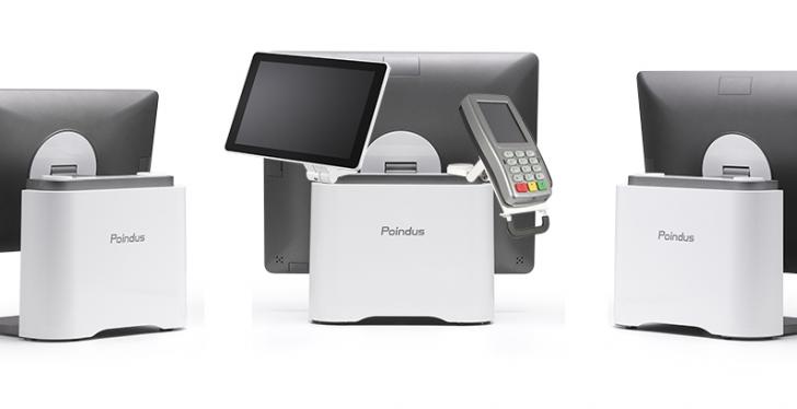 Several modern electronic cash registers with displays...