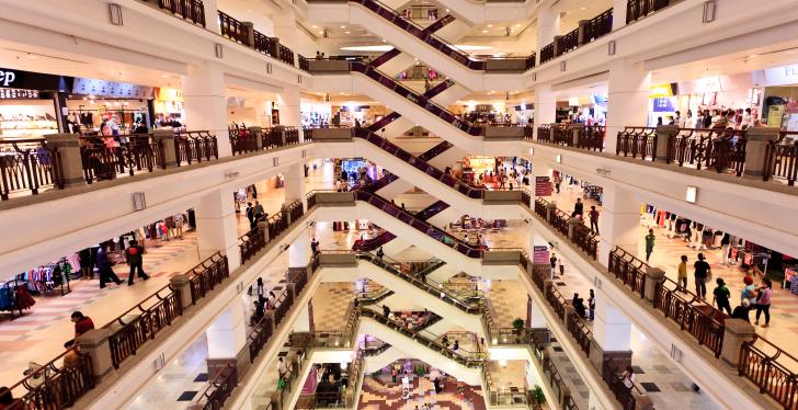 View into a huge shopping mall with several floors