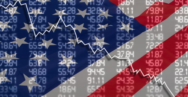 An American flag in the background and a falling graph...
