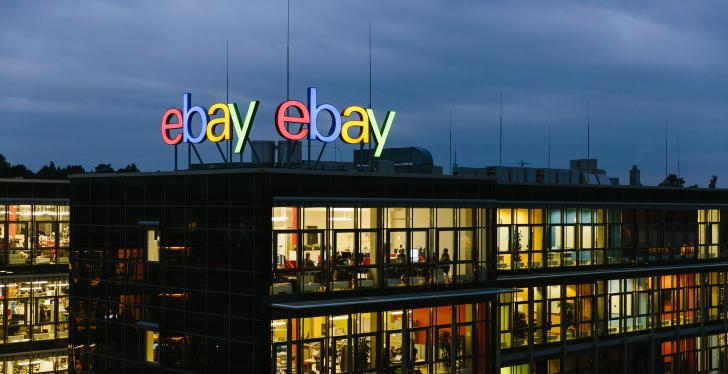 An outside view of the ebay company building in Berlin, Germany in the dark...