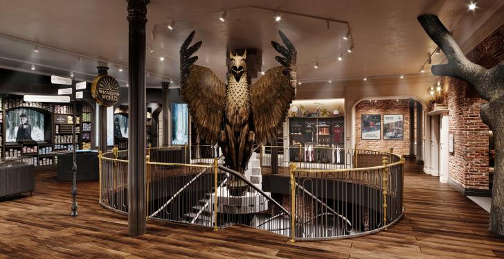 Fawkes the Phoenix in the middle of the Harry Potter flagship store...