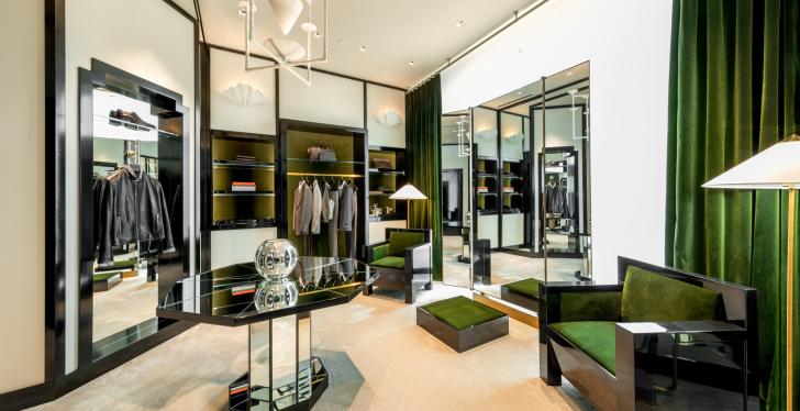 modern shop room, green and golden furniture