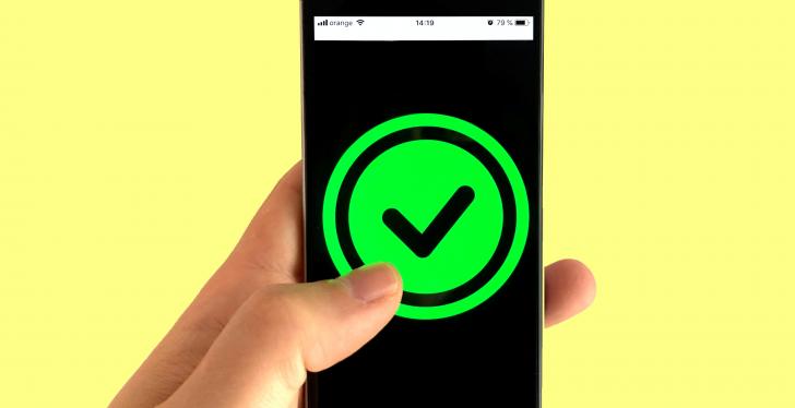 hand hols a smartphone which shows a green circle with a checkmark...