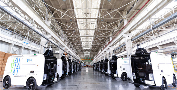 Many Alibaba delivery robots side by side in a big warehouse...