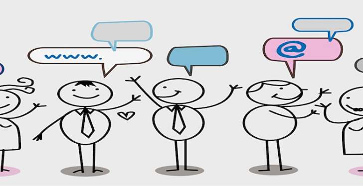 Many stick figures stand next to each other and have speech bubbles above them...