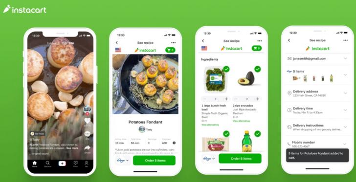 Several mockups of the Instacart app and recipe shopping options; copyright:...