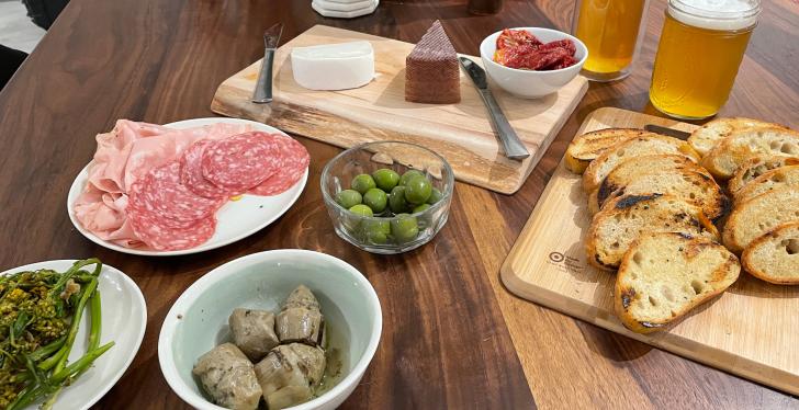 Different foods and drinks on one table