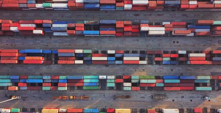 Colorful freight containers photographed in several rows from above: copyright:...