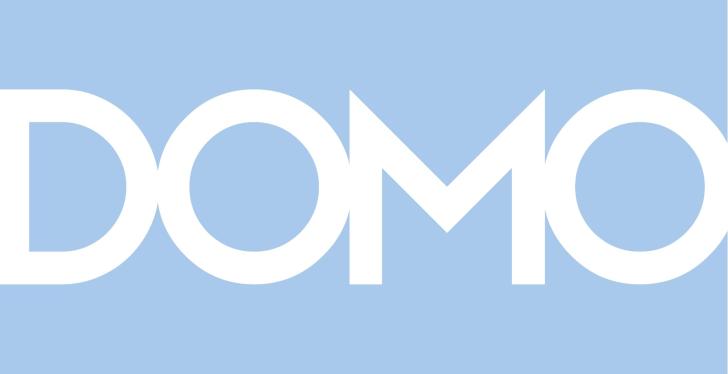 DOMO written in white letters on light blue background...