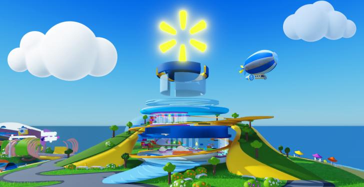 A rendered scene with a round Walmart against a blue sky over the sea...