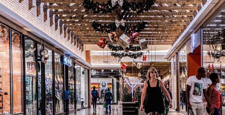 Interior view of a shopping centre with Christmas decorations...