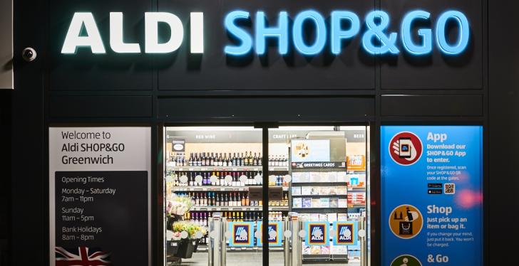 Entrance of ALDI SHOP & GO in Greenwich, UK