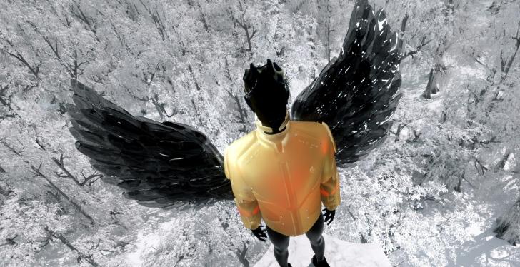 A black figure with angel wings wearing a yellow jacket...