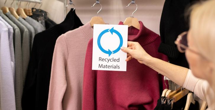 A person hangs a sign saying Recycled Materials on some clothes...