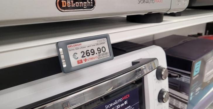 An electronic price tag on a shelf