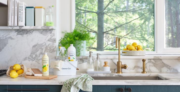 A white kitchen with various cleaning agents