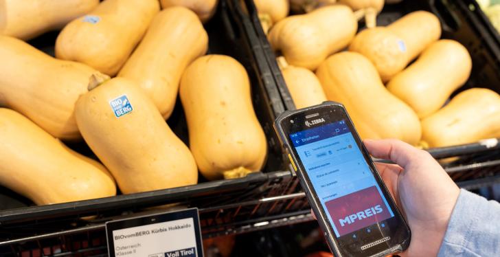 A person scans labels from pumpkins with a device