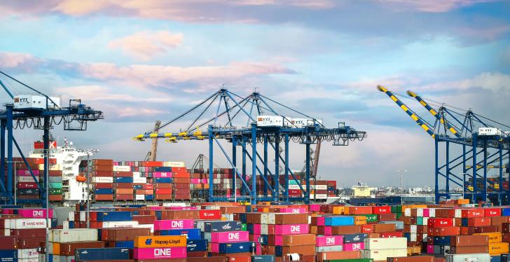 A harbour with many containers.