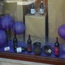 Shop window decoration with blue paper lanterns