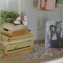 Shop window decoration with two decorated wooden boxes...