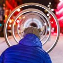 An installation with lighting in a public square in Montréal, Canada; person...