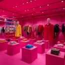 Mannequins and clothes presented inside a pink colored store...