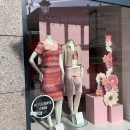 Springy shop window with floral decorations.