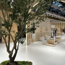 A tree planted in a very large pot in the middle of an open space in an...