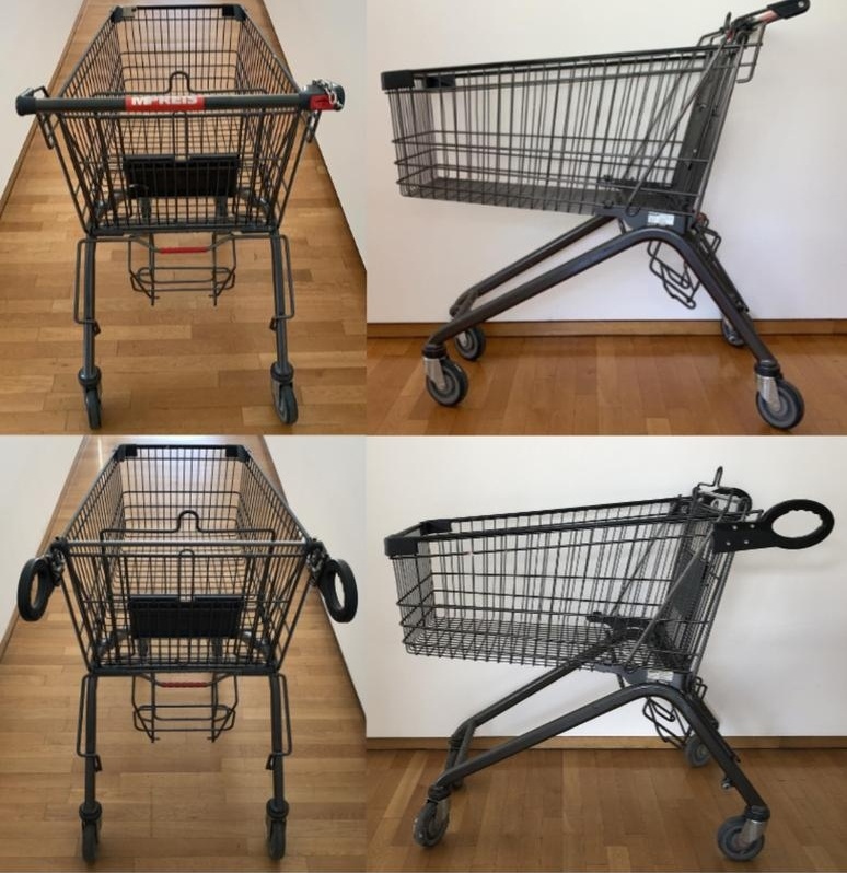 Two types of shopping carts, one with a normal handle bar, one with round...