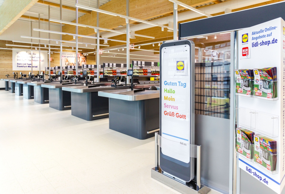 An empty checkout zone at the Lidl discount grocery store...