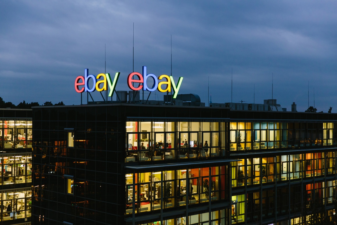 The eBay office in Berlin with the eBay logo on its roof...