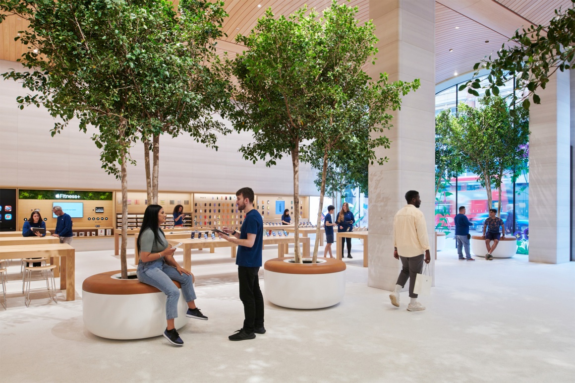Ficus trees stand in the interior of the new Apple Store in London...