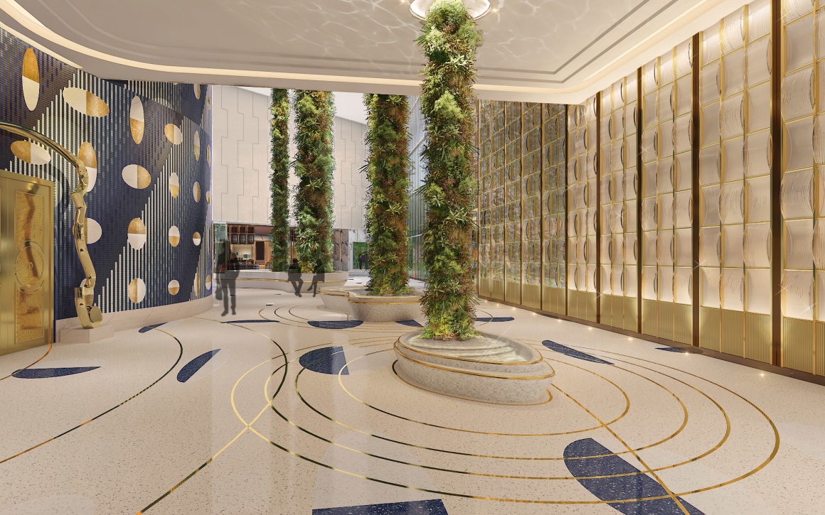 A large hall decorated in gold with columns surrounded by plants...