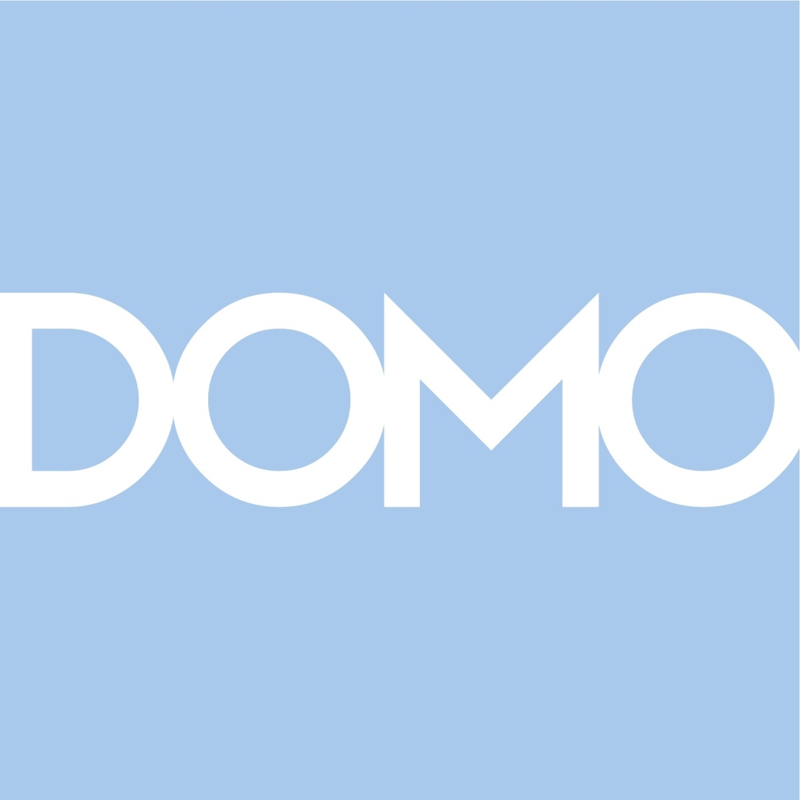 DOMO written in white letters on light blue background...