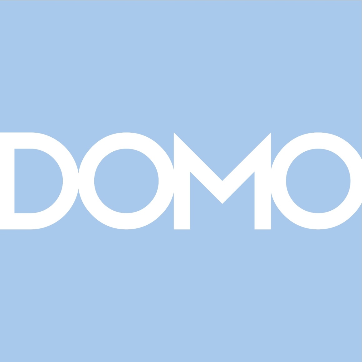 DOMO written in white letters on light blue background...