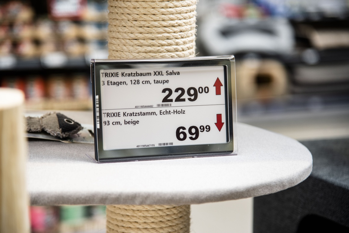 Electronic price tags stand on a cat tree