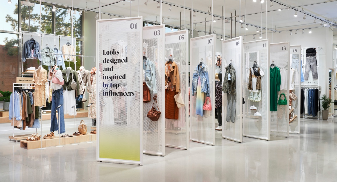 Different outfits on clothes rails in a fashion store...