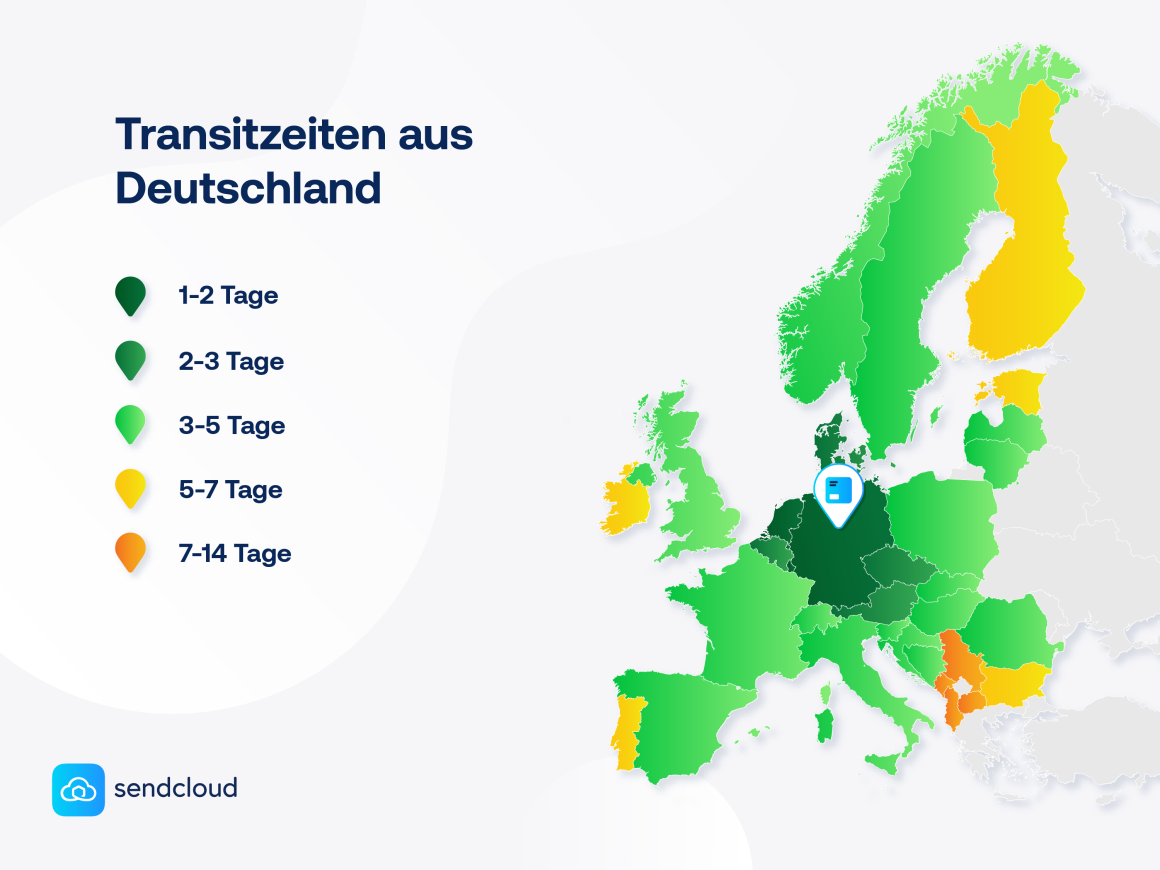 A map of Europe shows the transit times from Germany...