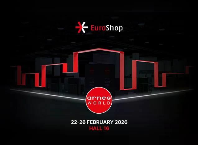 Grafik von Arneg zur EuroShop 2026 in Rot-weiß-schwarz...