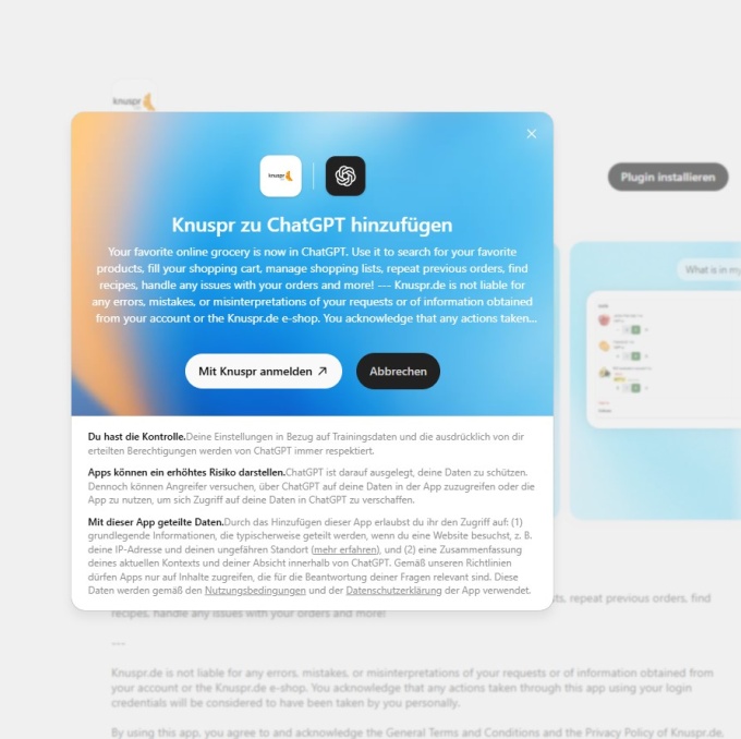 Screenshot: Linking ChatGPT to Knuspr