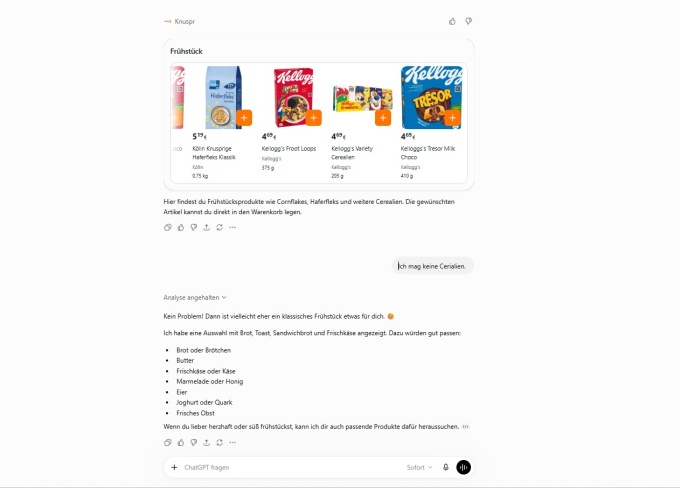 Breakfast options on ChatGPT from the delivery service Knuspr....