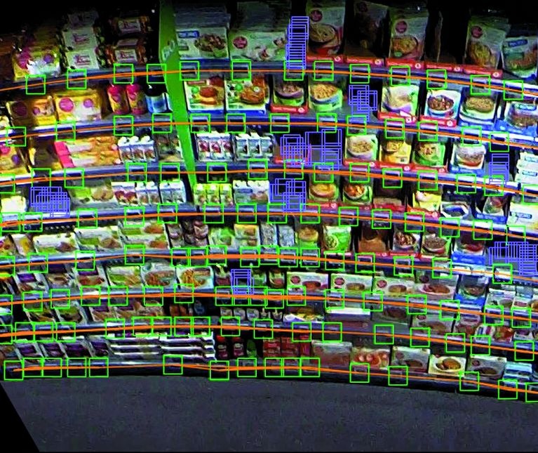 Photo: Shelf in the supermarket with virtual colored markings; copyright:...