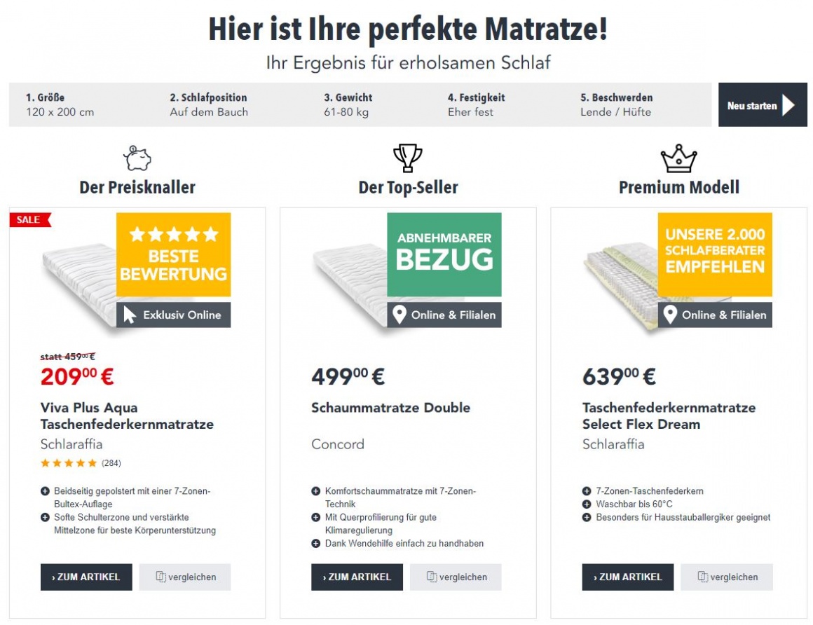 Screenshot vom Ergebnis des Matratzenfinder-Features auf Webseite von Matratzen...