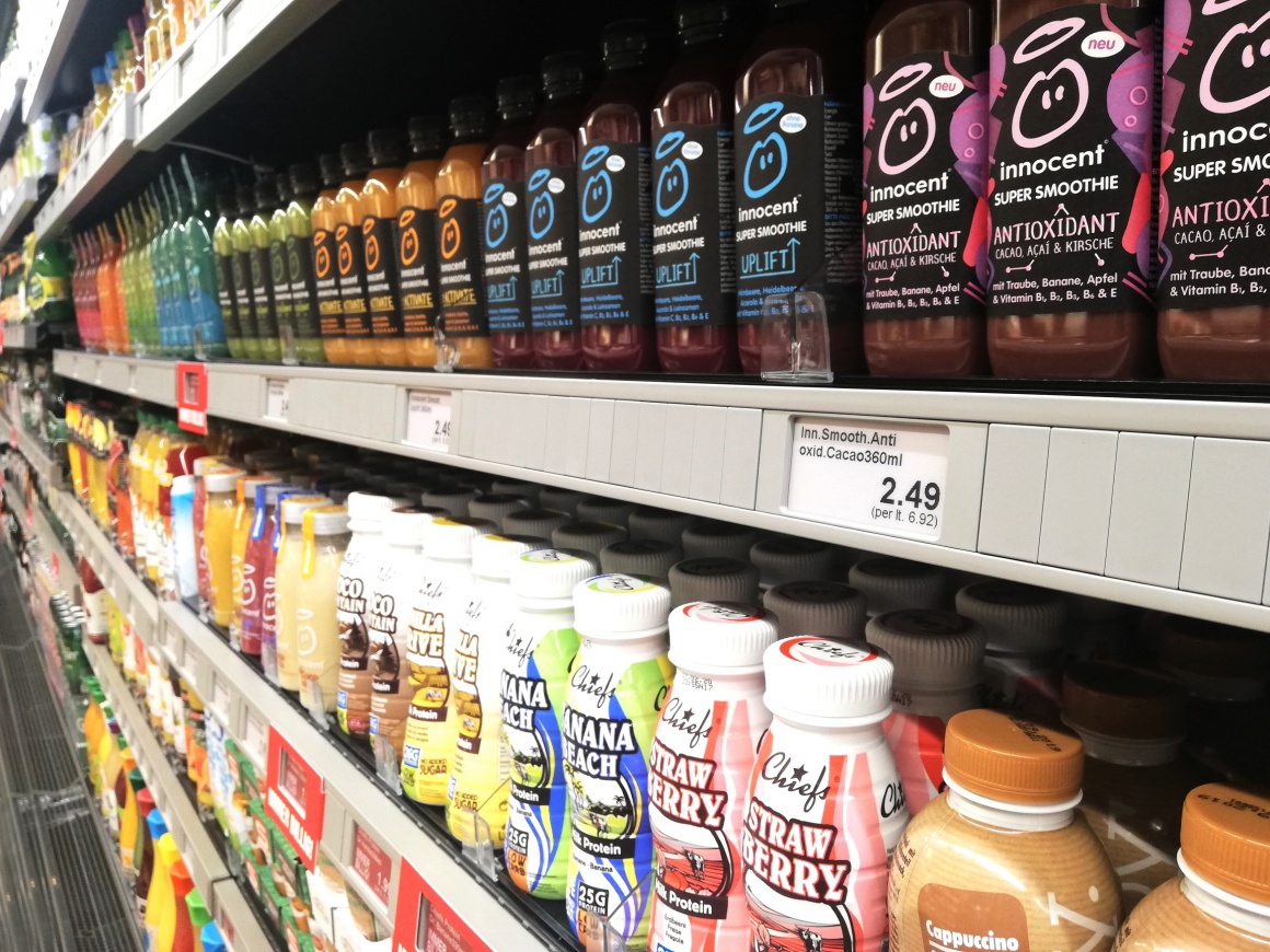 Side view of a refrigerated shelf in a supermarket